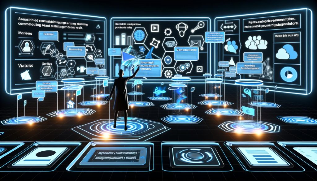 Futuristisches Marketing-Kontrollzentrum mit schwebenden Content-Bausteinen, holografischen Dashboards, Datenströmen und angepassten Inhalten auf verschiedenen Endgeräten.