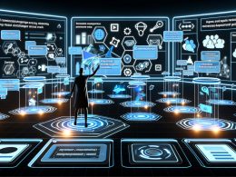 Futuristisches Marketing-Kontrollzentrum mit schwebenden Content-Bausteinen, holografischen Dashboards, Datenströmen und angepassten Inhalten auf verschiedenen Endgeräten.