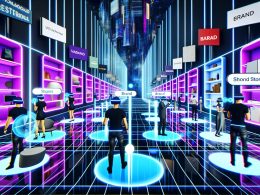 Virtueller Showroom mit VR-Nutzern, interaktiven Displays, Hologrammen und Avataren in einer futuristischen Einkaufsumgebung