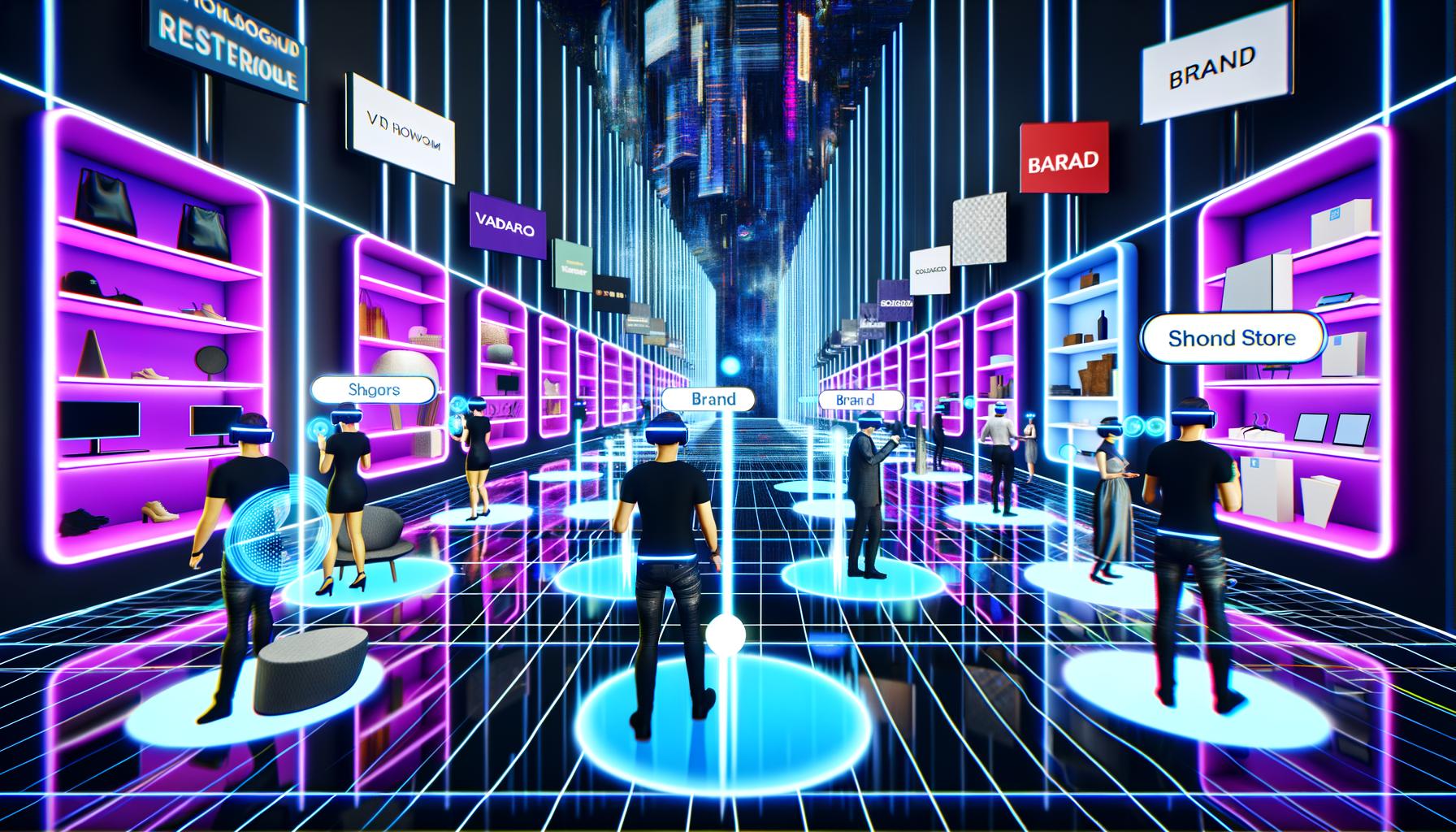 Virtueller Showroom mit VR-Nutzern, interaktiven Displays, Hologrammen und Avataren in einer futuristischen Einkaufsumgebung