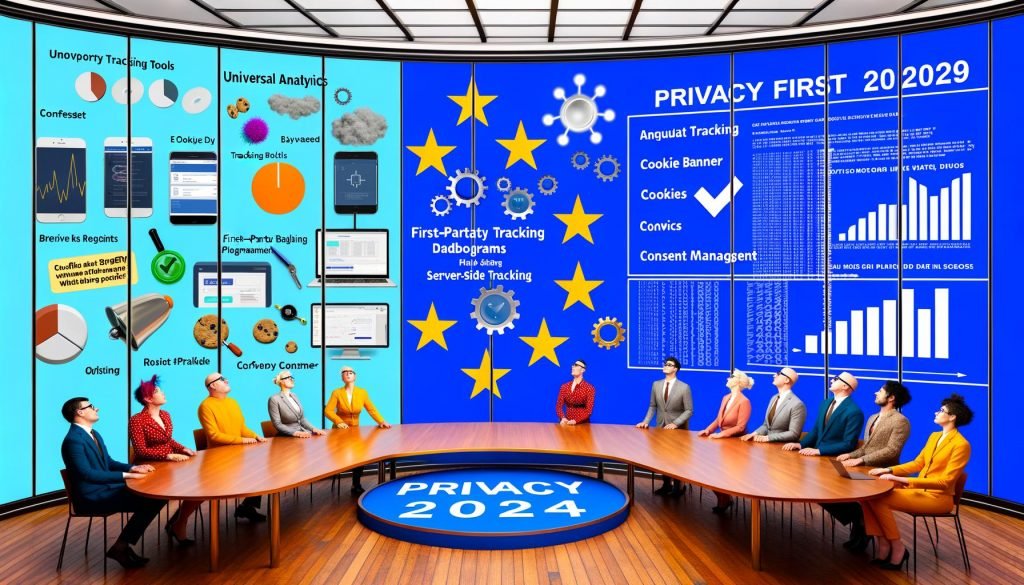 Symbolisches Bild einer geteilten digitalen Marketing-Arbeitsumgebung: Links veraltete Tracking-Tools und irritierte Marketer im Retro-Look, rechts modernes First-Party-Tracking mit entspannten Profis und Datenschutzsymbolen, zentraler Schriftzug 'Privacy First 2024'.