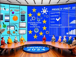 Symbolisches Bild einer geteilten digitalen Marketing-Arbeitsumgebung: Links veraltete Tracking-Tools und irritierte Marketer im Retro-Look, rechts modernes First-Party-Tracking mit entspannten Profis und Datenschutzsymbolen, zentraler Schriftzug 'Privacy First 2024'.