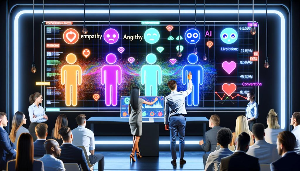 Modernes Büro mit großen Bildschirmen, auf denen bunte Emotionstags und KI-Datenströme dargestellt werden. Marketer beobachten Conversion-Raten, während eine zentrale Person Kundenemotionen live mit Umsatz grafisch verknüpft.