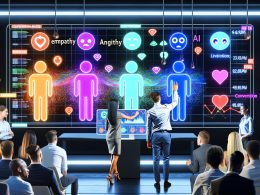 Modernes Büro mit großen Bildschirmen, auf denen bunte Emotionstags und KI-Datenströme dargestellt werden. Marketer beobachten Conversion-Raten, während eine zentrale Person Kundenemotionen live mit Umsatz grafisch verknüpft.