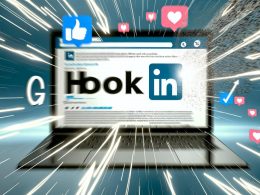 Dynamische Szene eines Laptop-Bildschirms mit LinkedIn-Feed, hervorgehobenem Hook und starker Visualisierung von Likes, Kommentaren, Shares und Engagement durch Emojis und Pfeile, umgeben von Datenpunkten und digitalen Grafiken.