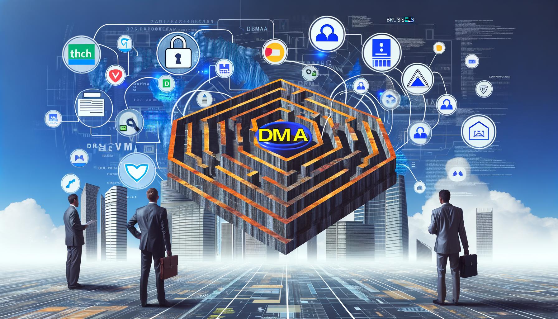 Collage mit großem Gesetzestext ‘DMA’, eindringlichen Symbolen der Tech-Giganten und überforderten Marketing- sowie Entwicklerfiguren vor komplexen technischen Schaubildern, vor einer abstrakten Brüsseler Stadtlandschaft.