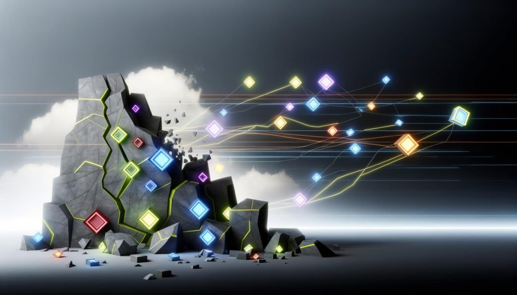 Modernes, abstraktes Titelbild mit zerfallendem grauen Monolithen, aus dessen Rissen bunte geometrische Microservice-Module strahlen, verbunden durch leuchtende Linien, digital inspirierter Hintergrund mit Server- und Cloud-Motiven.