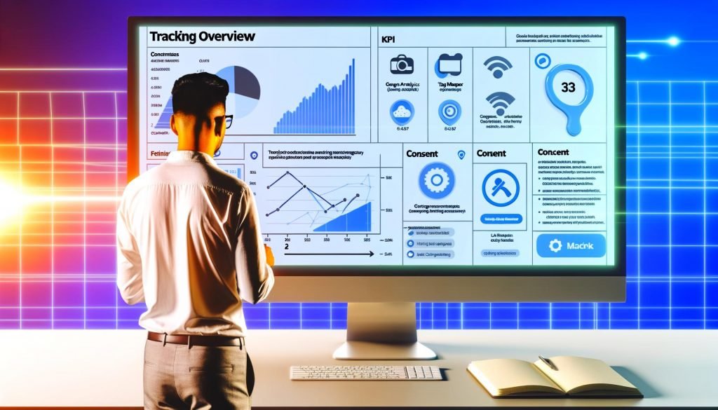 Marketing-Manager betrachtet ein modernes Tracking-Dashboard im digitalen Office mit KPI-Charts, Consent-Dialogen und Tracking-Icons.