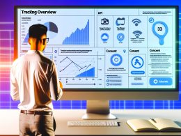 Marketing-Manager betrachtet ein modernes Tracking-Dashboard im digitalen Office mit KPI-Charts, Consent-Dialogen und Tracking-Icons.