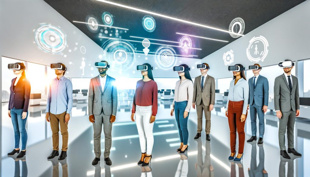 Gruppe neuer Mitarbeiter mit VR-Brillen in heller, moderner Bürolobby mit schwebenden holografischen Dashboards und interaktiven virtuellen Schnittstellen.