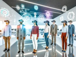 Gruppe neuer Mitarbeiter mit VR-Brillen in heller, moderner Bürolobby mit schwebenden holografischen Dashboards und interaktiven virtuellen Schnittstellen.