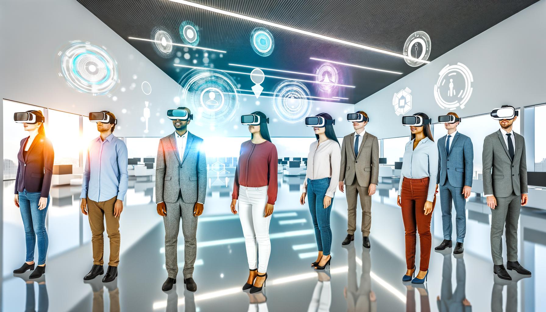 Gruppe neuer Mitarbeiter mit VR-Brillen in heller, moderner Bürolobby mit schwebenden holografischen Dashboards und interaktiven virtuellen Schnittstellen.