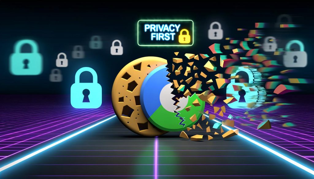 Moderne Illustration mit zerbrechendem Drittanbieter-Cookie und fragmentierten Browser-Icons vor einem digitalen Highway mit Privacy First-Schild.