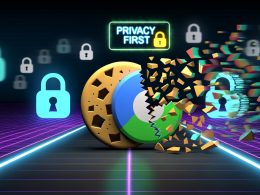 Moderne Illustration mit zerbrechendem Drittanbieter-Cookie und fragmentierten Browser-Icons vor einem digitalen Highway mit Privacy First-Schild.