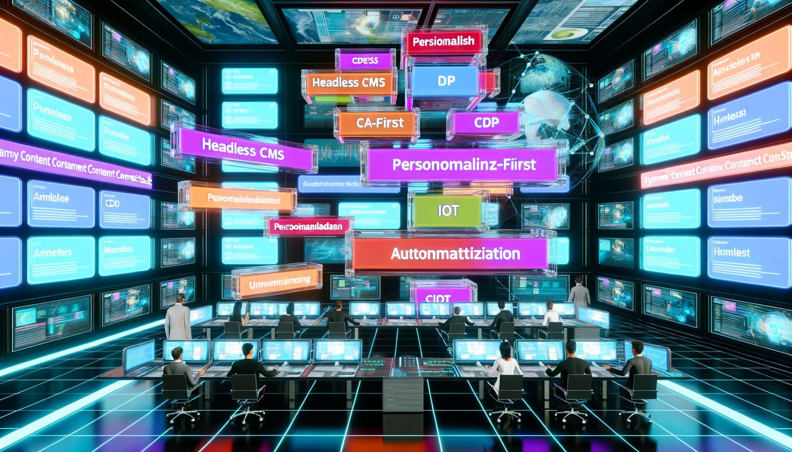 Digitale Kontrollzentrale mit Dynamic Content Stack und Team, das Inhalte über verschiedene Kanäle in Echtzeit steuert