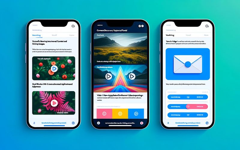 Moderne Illustration eines Smartphones mit Google Discover-Feed, YouTube-Videothumbnails samt Anzeigen und geöffneter Gmail-App mit eingebetteter Werbung im Google-Farbschema.