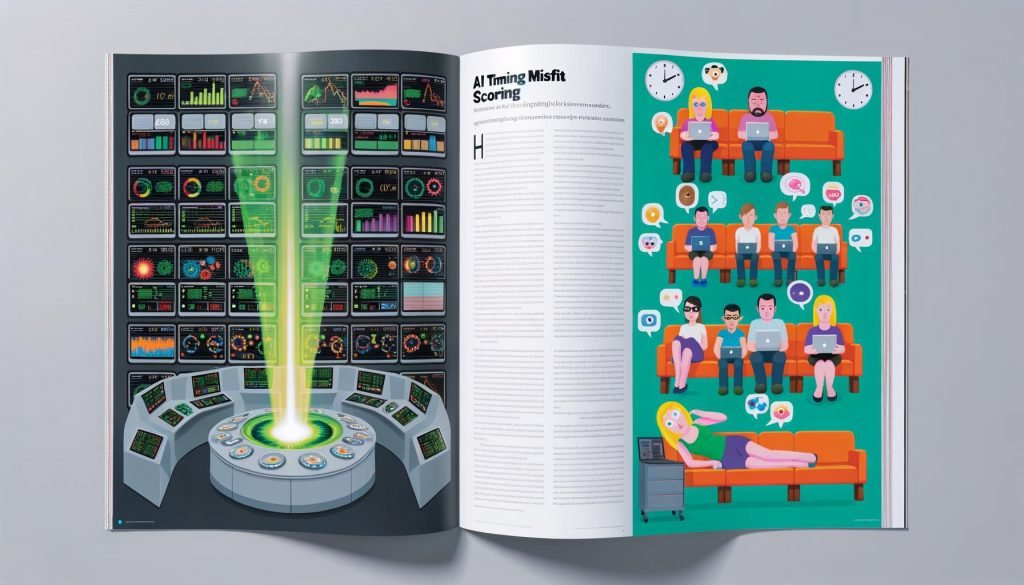 Doppelseitiges Magazin-Layout zeigt einen gestressten Marketer mit Daten-Chaos links, uninteressierte Cartoon-Nutzer in der Mitte und rechts einen Algorithmus, der ideale Konversionszeitpunkte in grün von grauen Nicht-Treffermeldungen trennt.