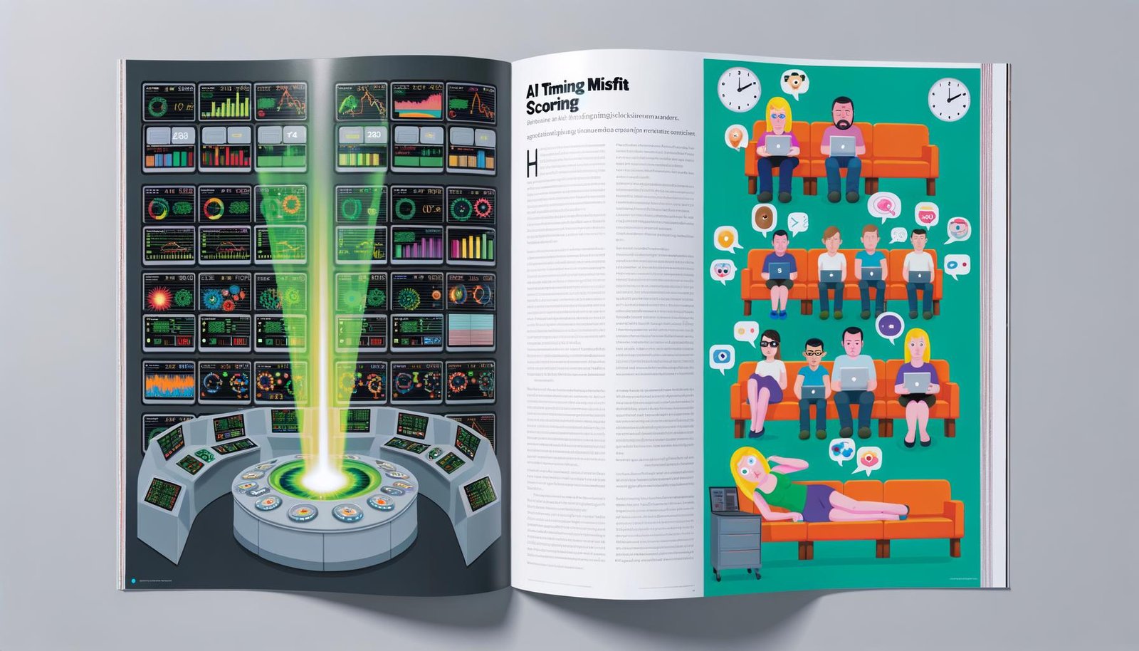 Doppelseitiges Magazin-Layout zeigt einen gestressten Marketer mit Daten-Chaos links, uninteressierte Cartoon-Nutzer in der Mitte und rechts einen Algorithmus, der ideale Konversionszeitpunkte in grün von grauen Nicht-Treffermeldungen trennt.