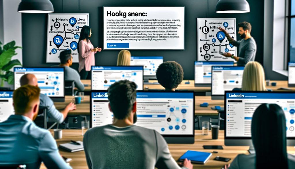 Team diskutiert im modernen Großraumbüro vor Whiteboards; mehrere Monitore mit LinkedIn-Posts, Analytics-Tools und sichtbar digitalen Engagementmetriken.