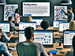 Team diskutiert im modernen Großraumbüro vor Whiteboards; mehrere Monitore mit LinkedIn-Posts, Analytics-Tools und sichtbar digitalen Engagementmetriken.