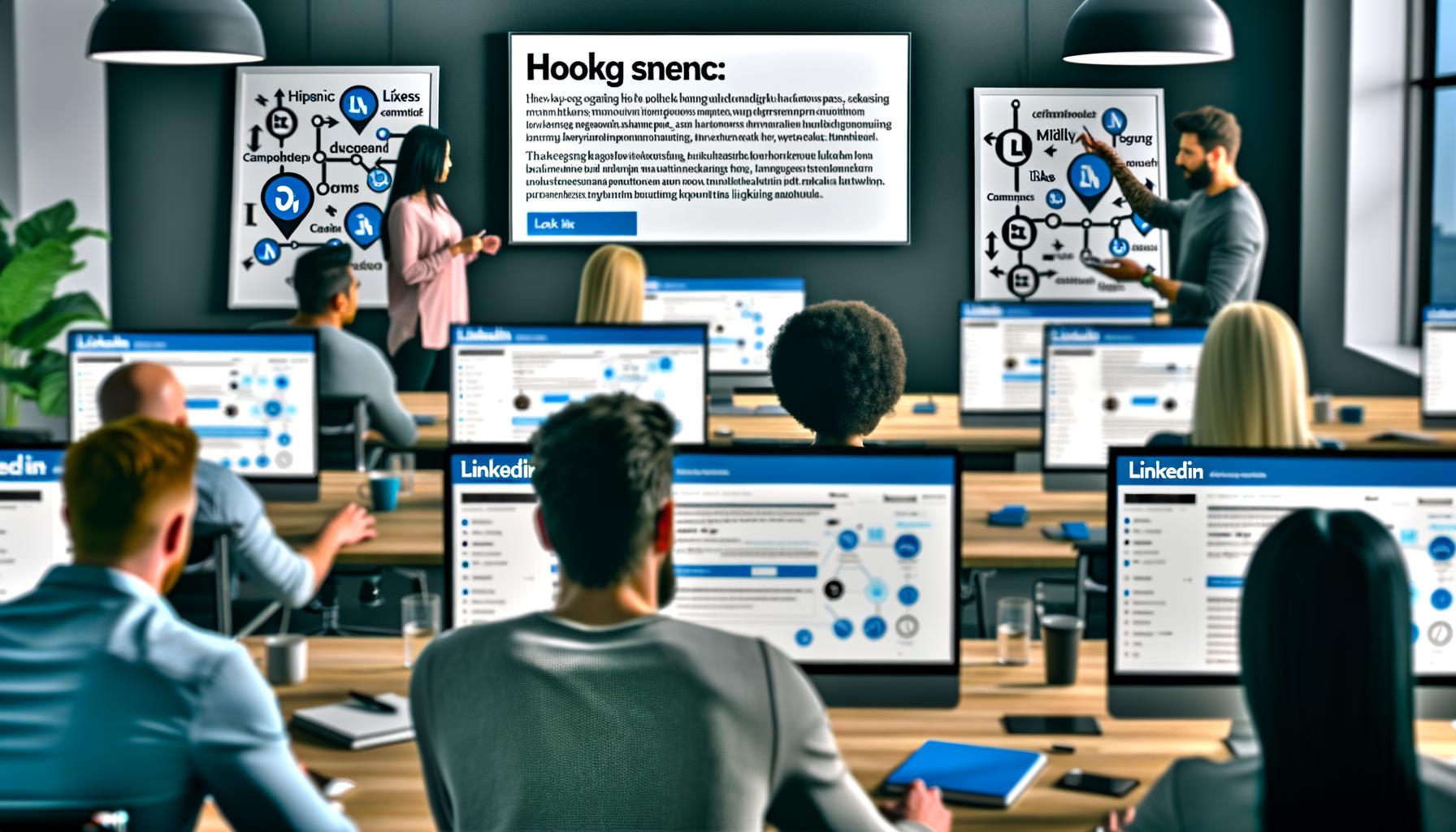 Team diskutiert im modernen Großraumbüro vor Whiteboards; mehrere Monitore mit LinkedIn-Posts, Analytics-Tools und sichtbar digitalen Engagementmetriken.