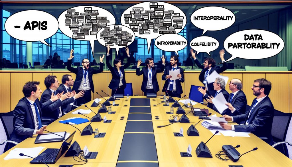 Konferenz im EU-Büro mit Bürokraten im Anzug, umgeben von technischen Schlagworten wie API und Datenportabilität, Netzwerkdiagramm im Hintergrund.
