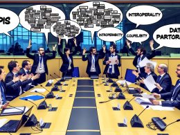 Konferenz im EU-Büro mit Bürokraten im Anzug, umgeben von technischen Schlagworten wie API und Datenportabilität, Netzwerkdiagramm im Hintergrund.