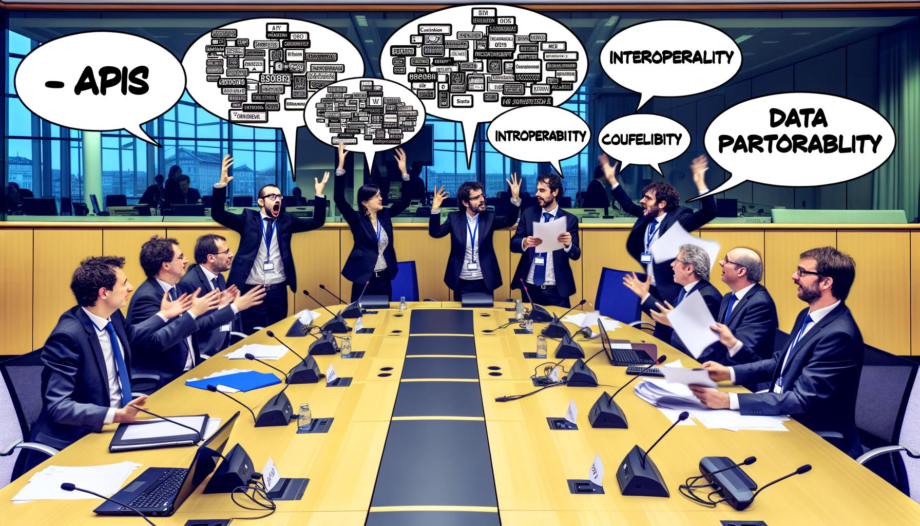 Konferenz im EU-Büro mit Bürokraten im Anzug, umgeben von technischen Schlagworten wie API und Datenportabilität, Netzwerkdiagramm im Hintergrund.