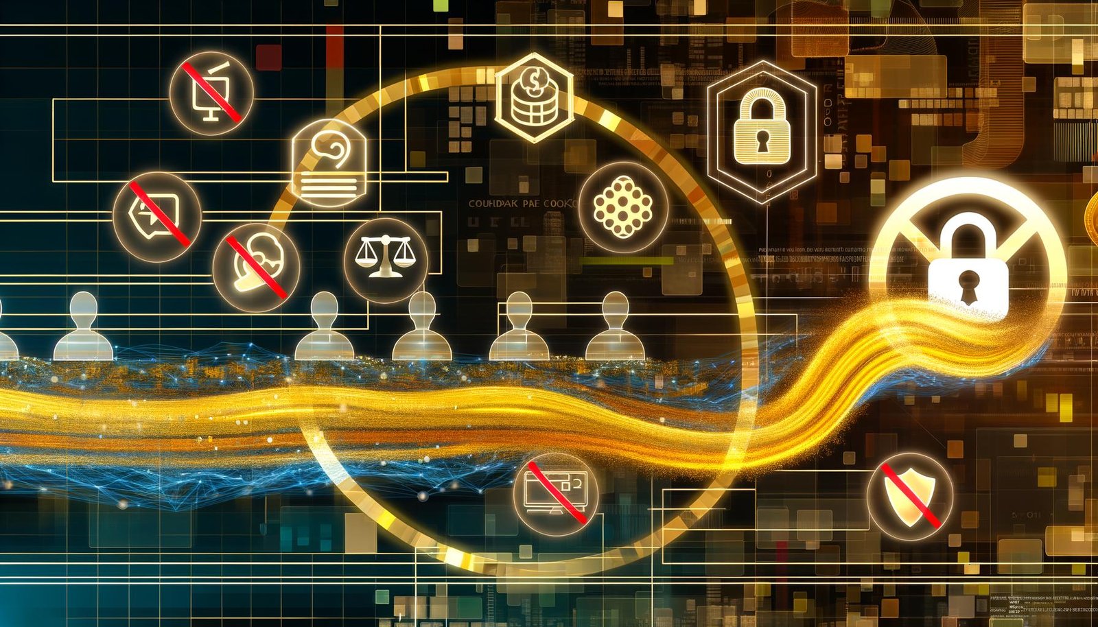 Modernes, abstraktes Titelbild mit goldenem Datenstrom, Datenschutz-Symbolen wie Schloss, Waage und Schild, transparenten Nutzer-Silhouetten, sowie dezenten Cookie-Icons und pixeligen Werbebannern mit sichtbarem Verbotssymbol im Hintergrund.