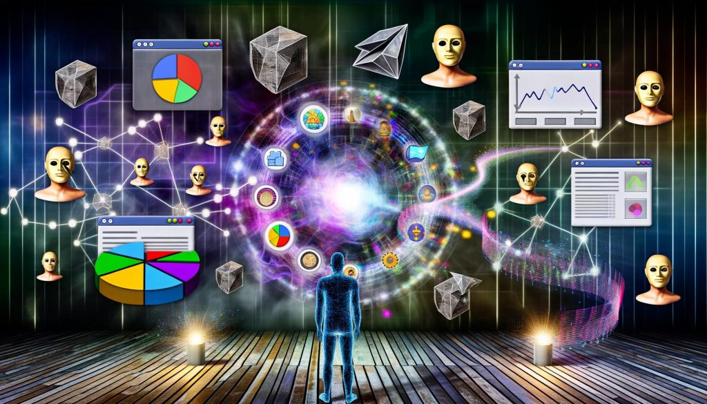 Futuristische Illustration mit klassischen Google Analytics Dashboards, Blockchain-Datenwirbeln, pseudonymen Avataren und holografischen Dashboards, die den Wandel von klassischer zu Web3-Analyse zeigen.