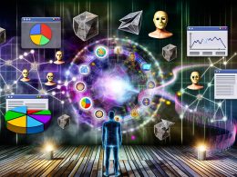 Futuristische Illustration mit klassischen Google Analytics Dashboards, Blockchain-Datenwirbeln, pseudonymen Avataren und holografischen Dashboards, die den Wandel von klassischer zu Web3-Analyse zeigen.