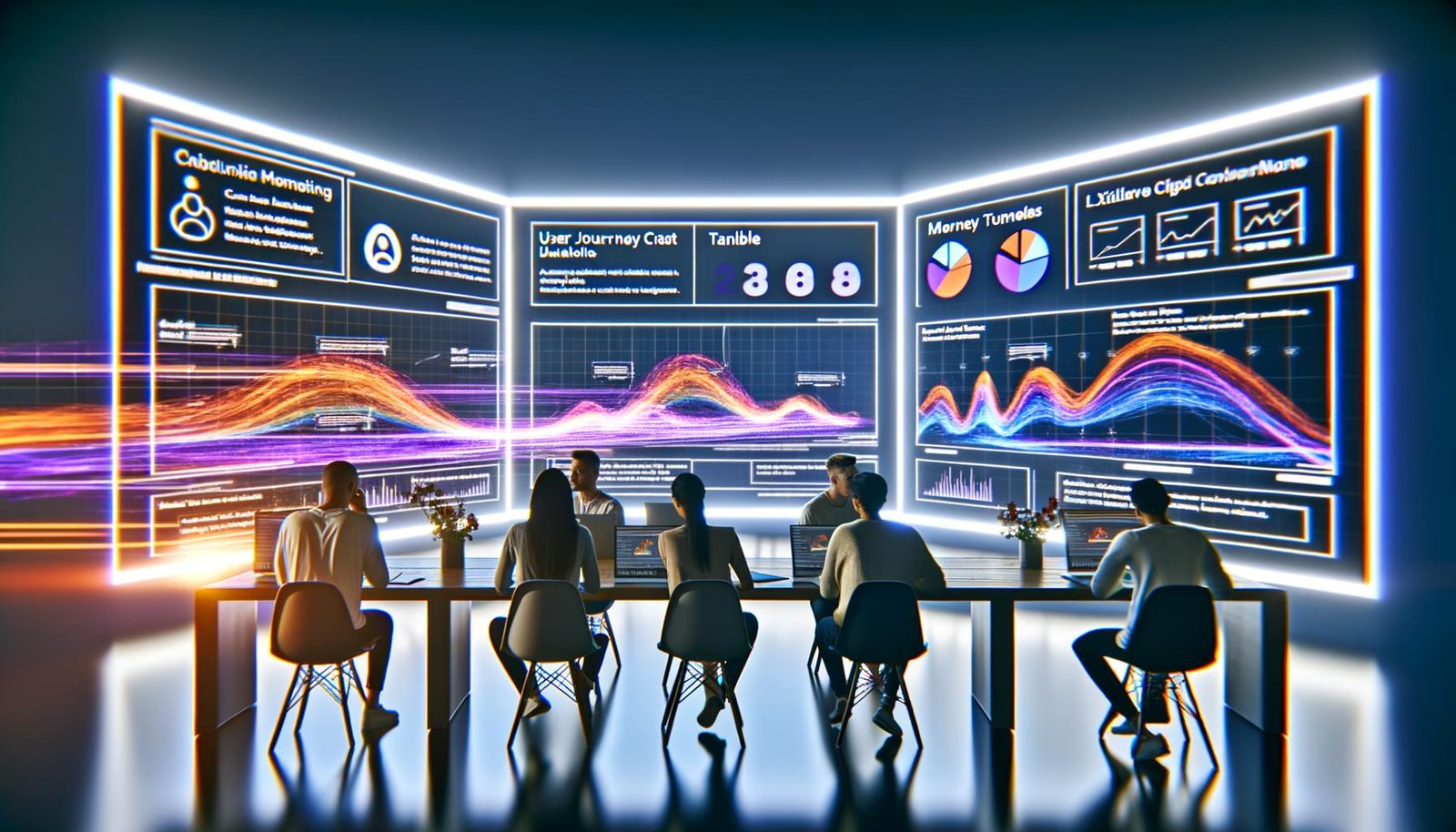 Modern eingerichteter digitaler Arbeitsplatz mit Analysten und Marketers vor Bildschirmen mit Heatmaps, Nutzerreisen, Klickdaten, Datenschutz-Hinweisen und Analytics-Tools.