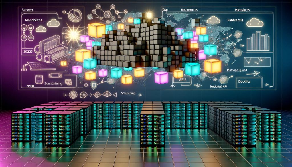 Illustrationen zu Microservice-Architekturen: futuristische Serverlandschaften, Vergleich Monolith und Microservices, Technologie-Stacks, Whiteboard-Planung, Entwicklerteams, Kubernetes-Scaling, API-Security, Service-Monitoring und Migration.