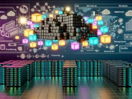 Illustrationen zu Microservice-Architekturen: futuristische Serverlandschaften, Vergleich Monolith und Microservices, Technologie-Stacks, Whiteboard-Planung, Entwicklerteams, Kubernetes-Scaling, API-Security, Service-Monitoring und Migration.