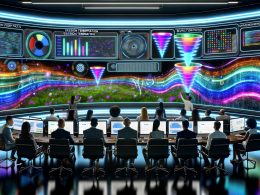 Ein futuristischer Kontrollraum mit leuchtenden Dashboards, digitalen Trichtern und KI-Visualisierungen, in dem ein diverses Marketingteam Nutzerdaten und Session-Drop-off-Hotspots analysiert.