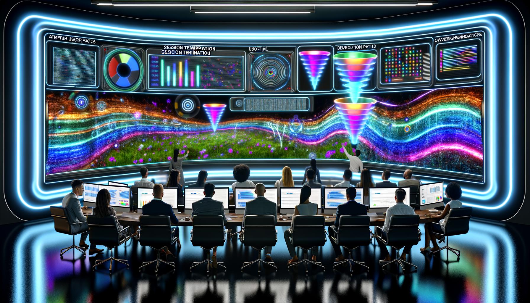 Ein futuristischer Kontrollraum mit leuchtenden Dashboards, digitalen Trichtern und KI-Visualisierungen, in dem ein diverses Marketingteam Nutzerdaten und Session-Drop-off-Hotspots analysiert.