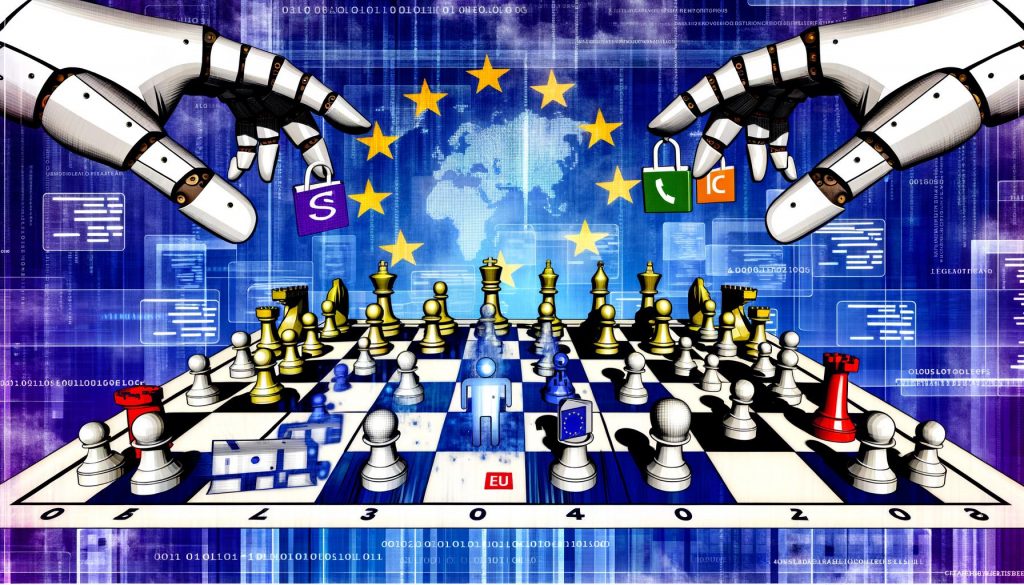 Schachbrett mit Big-Tech-Logos als Figuren, mechanische Bürokratie-Hände mit Stempel und Aktenordner verschieben die Spielfiguren, digitalisierte EU-Server-Skyline im Hintergrund, angespannte Stimmung und feine Risse im Spielfeld