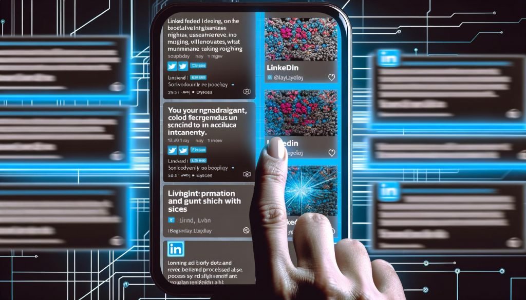 Smartphone mit LinkedIn-Feed, in dem ein bunter Beitrag zwischen einheitlich grauen Posts heraussticht, Nutzerfinger stoppt beim Scrollen, digitale Muster im Hintergrund.