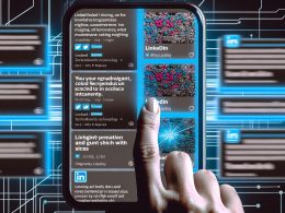 Smartphone mit LinkedIn-Feed, in dem ein bunter Beitrag zwischen einheitlich grauen Posts heraussticht, Nutzerfinger stoppt beim Scrollen, digitale Muster im Hintergrund.