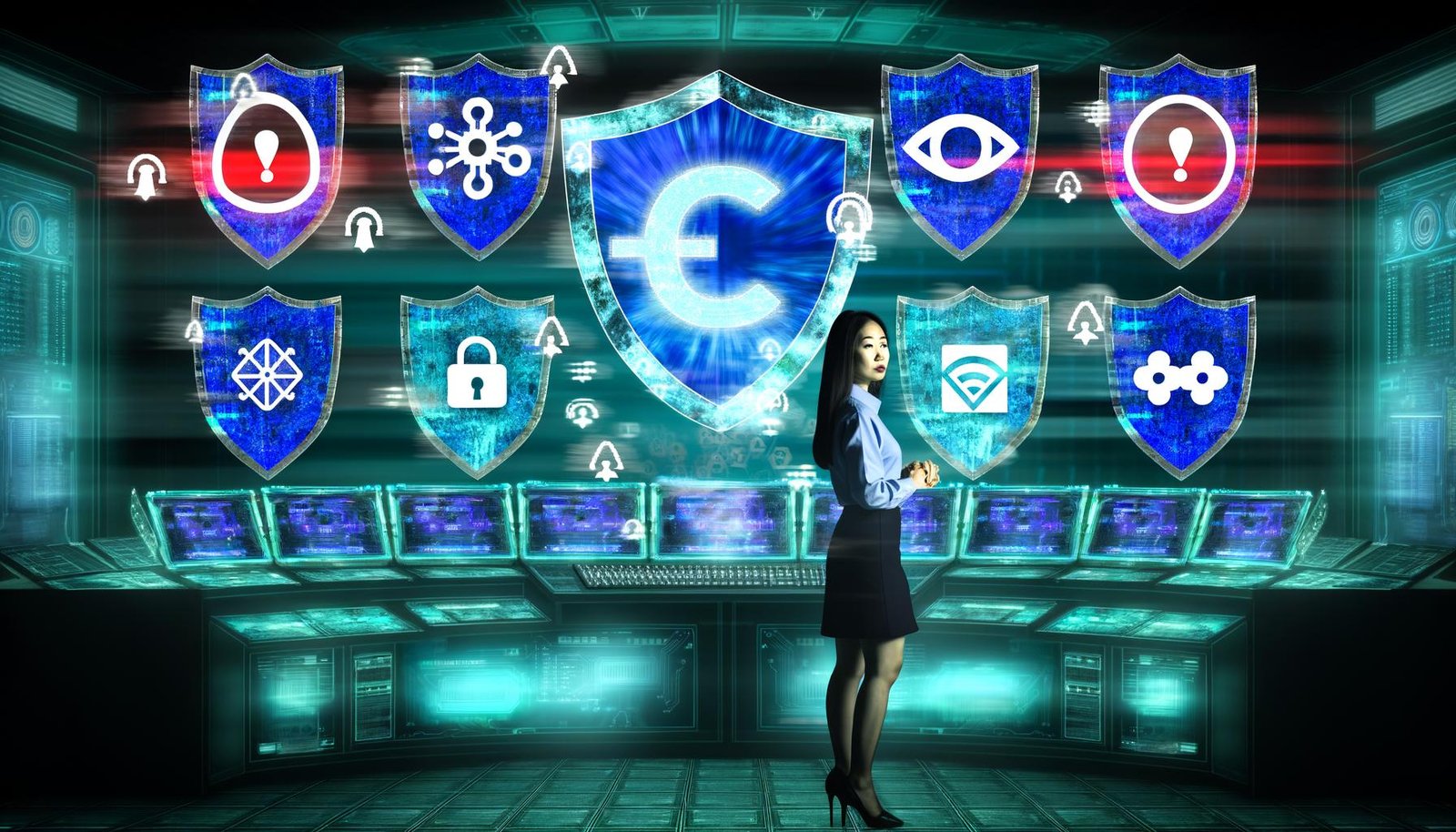 Futuristische Illustration eines Marketers an einer Konsole mit Datenschutzschilden, abklingenden Cookies und Warnsignalen im digitalen Raum.