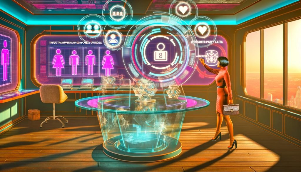 Marketer bedient im modernen Büro 2025 eine transparente Benutzeroberfläche mit Kundenicons und Zustimmungs-Häkchen, im Hintergrund holografische Datencharts und ein verstaubtes Faxgerät als Symbol für überholte Technologien.