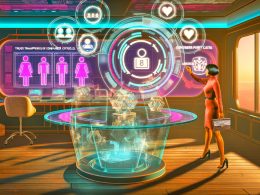 Marketer bedient im modernen Büro 2025 eine transparente Benutzeroberfläche mit Kundenicons und Zustimmungs-Häkchen, im Hintergrund holografische Datencharts und ein verstaubtes Faxgerät als Symbol für überholte Technologien.