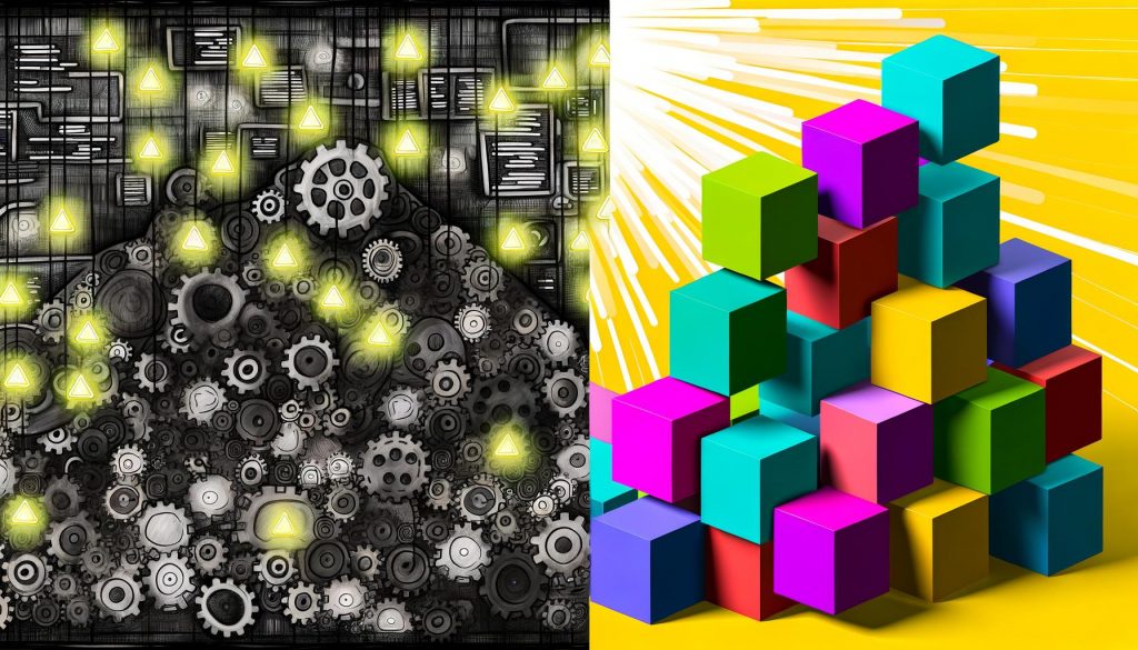 Illustration mit links einem schweren, grauen Monolithen voller Zahnräder und Warnleuchten, rechts farbenfrohe, klar getrennte Microservices als leuchtende Würfel.