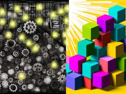 Illustration mit links einem schweren, grauen Monolithen voller Zahnräder und Warnleuchten, rechts farbenfrohe, klar getrennte Microservices als leuchtende Würfel.