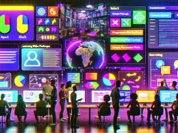 Modernes Büro mit digitalen Bildschirmen, holographischen Benutzerschnittstellen und Team von Marketing- und Entwickler-Profis, die gemeinsam dynamische, personalisierte Webinhalte mithilfe aktueller KI- und Webtechnologien analysieren und optimieren.