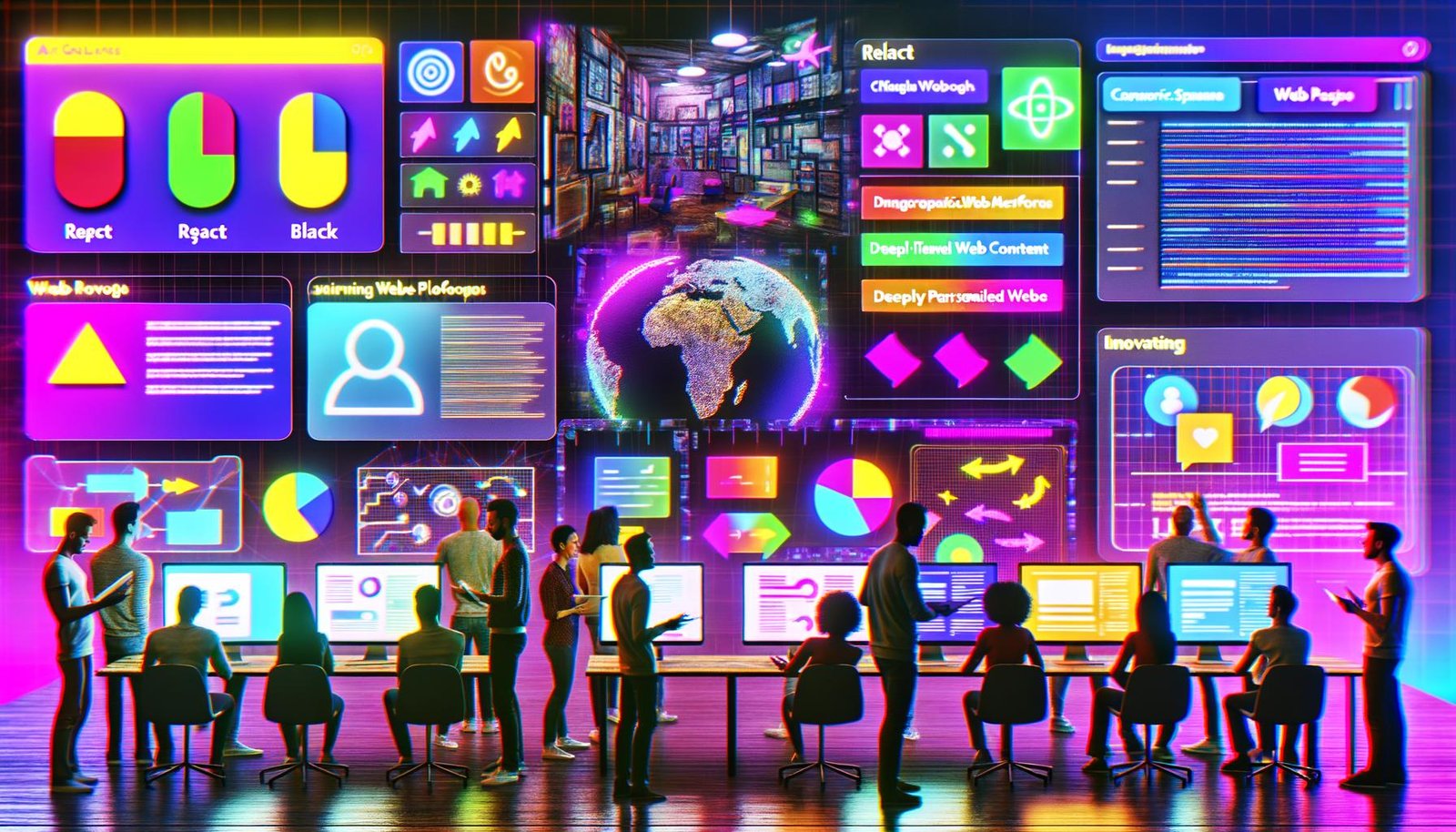 Modernes Büro mit digitalen Bildschirmen, holographischen Benutzerschnittstellen und Team von Marketing- und Entwickler-Profis, die gemeinsam dynamische, personalisierte Webinhalte mithilfe aktueller KI- und Webtechnologien analysieren und optimieren.