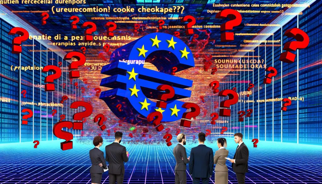 Illustration eines riesigen, dunklen Bürokratie-Monsters, gebildet aus EU-Gebäuden, Paragrafen und Datenströmen. Im Vordergrund skeptische EU-Kommissare und Tech-Manager mit langen Checklisten, dahinter chaotische Werbebanner und Cookie-Banner.