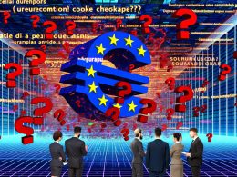 Illustration eines riesigen, dunklen Bürokratie-Monsters, gebildet aus EU-Gebäuden, Paragrafen und Datenströmen. Im Vordergrund skeptische EU-Kommissare und Tech-Manager mit langen Checklisten, dahinter chaotische Werbebanner und Cookie-Banner.