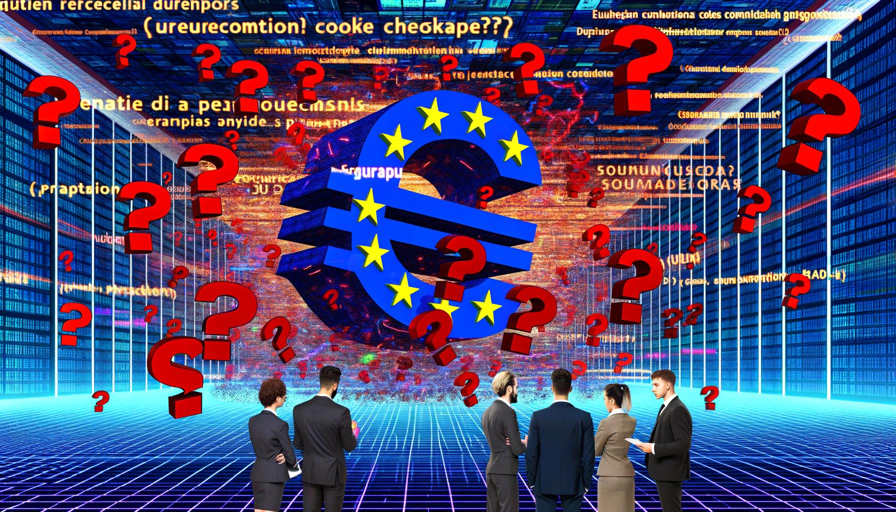 Illustration eines riesigen, dunklen Bürokratie-Monsters, gebildet aus EU-Gebäuden, Paragrafen und Datenströmen. Im Vordergrund skeptische EU-Kommissare und Tech-Manager mit langen Checklisten, dahinter chaotische Werbebanner und Cookie-Banner.