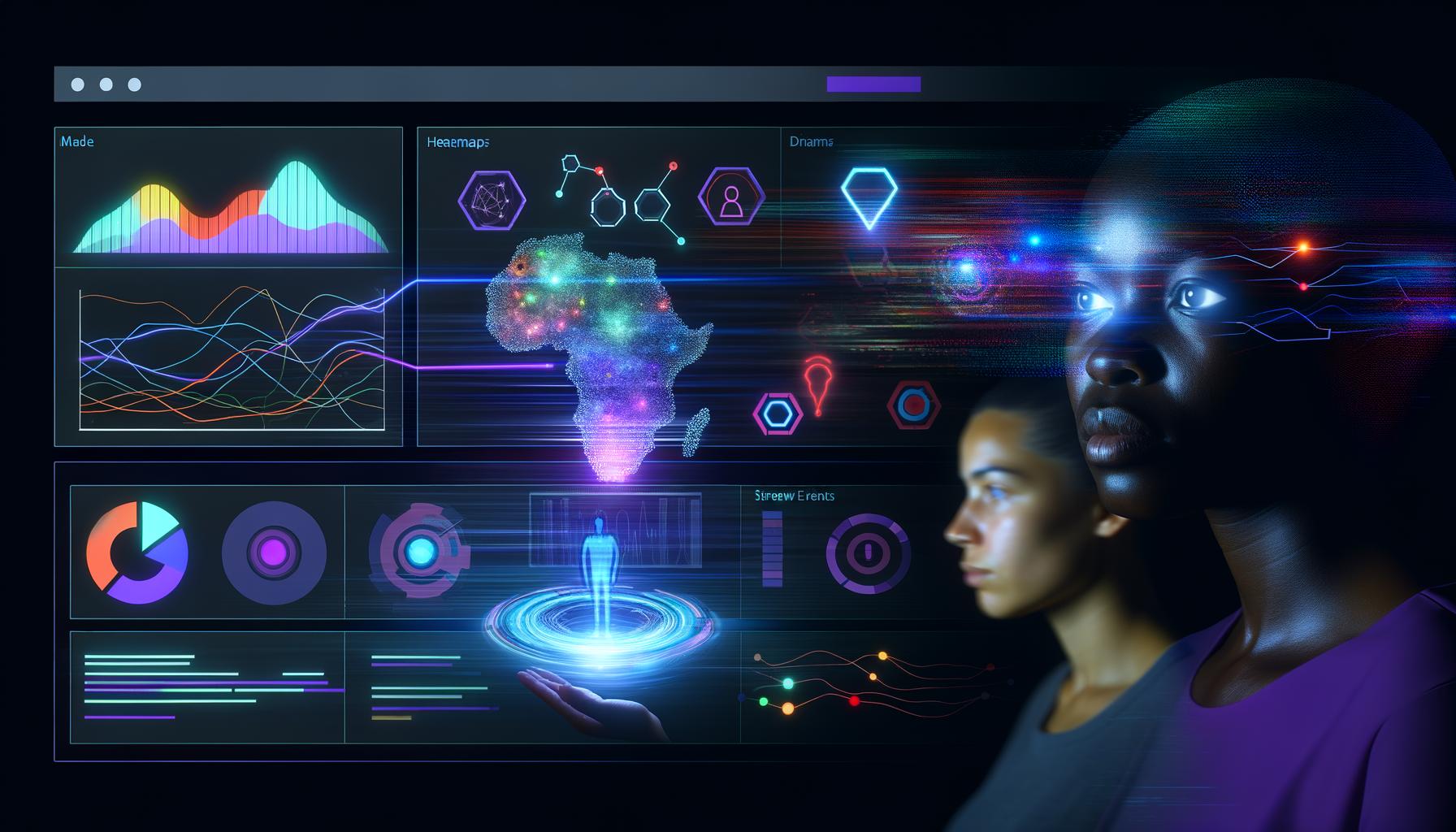 Futuristisches Dashboard mit Heatmaps, bunten Datenströmen, neuronalen Netzwerken und Entwickler-Team im Dunkelmodus.